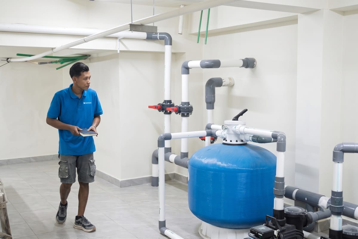 Pool pump and sand filter pump room installed during a pool build in Bali