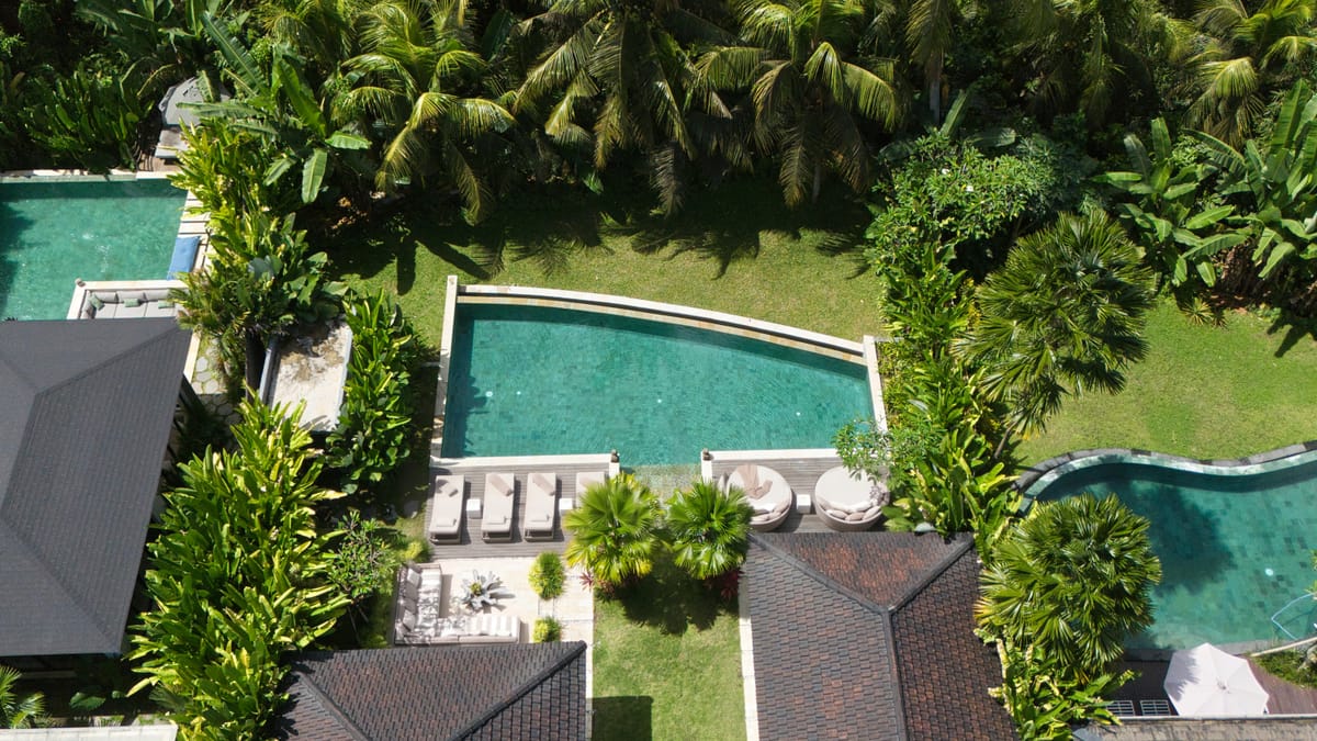 Aerial view of a villa garden pool with sun loungers among palms and dense tropical planting in Bali