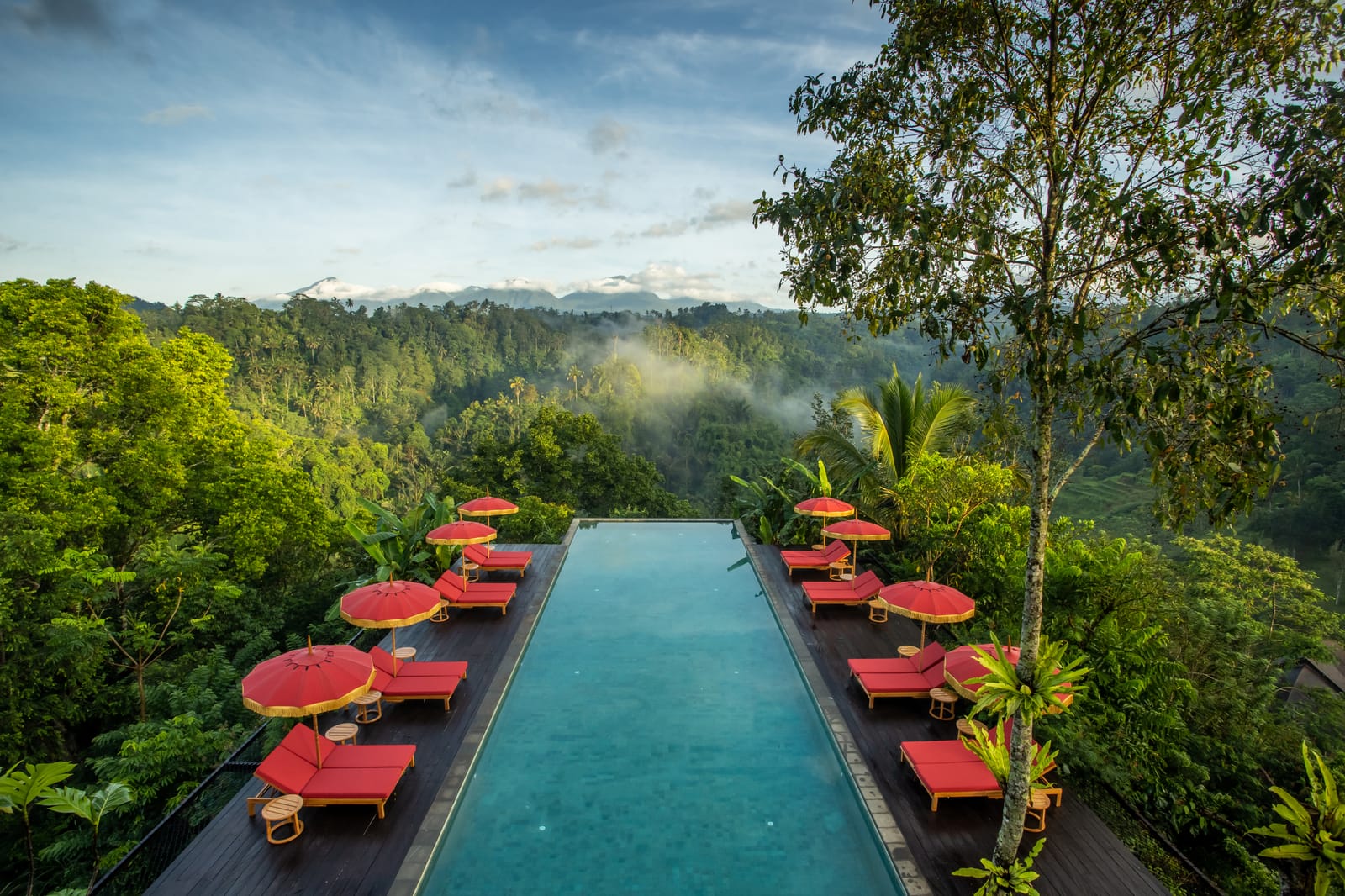 Aerial view of an infinity pool with red parasols and loungers above a misty jungle valley at Buahan, a Banyan Tree Escape near Ubud, Bali