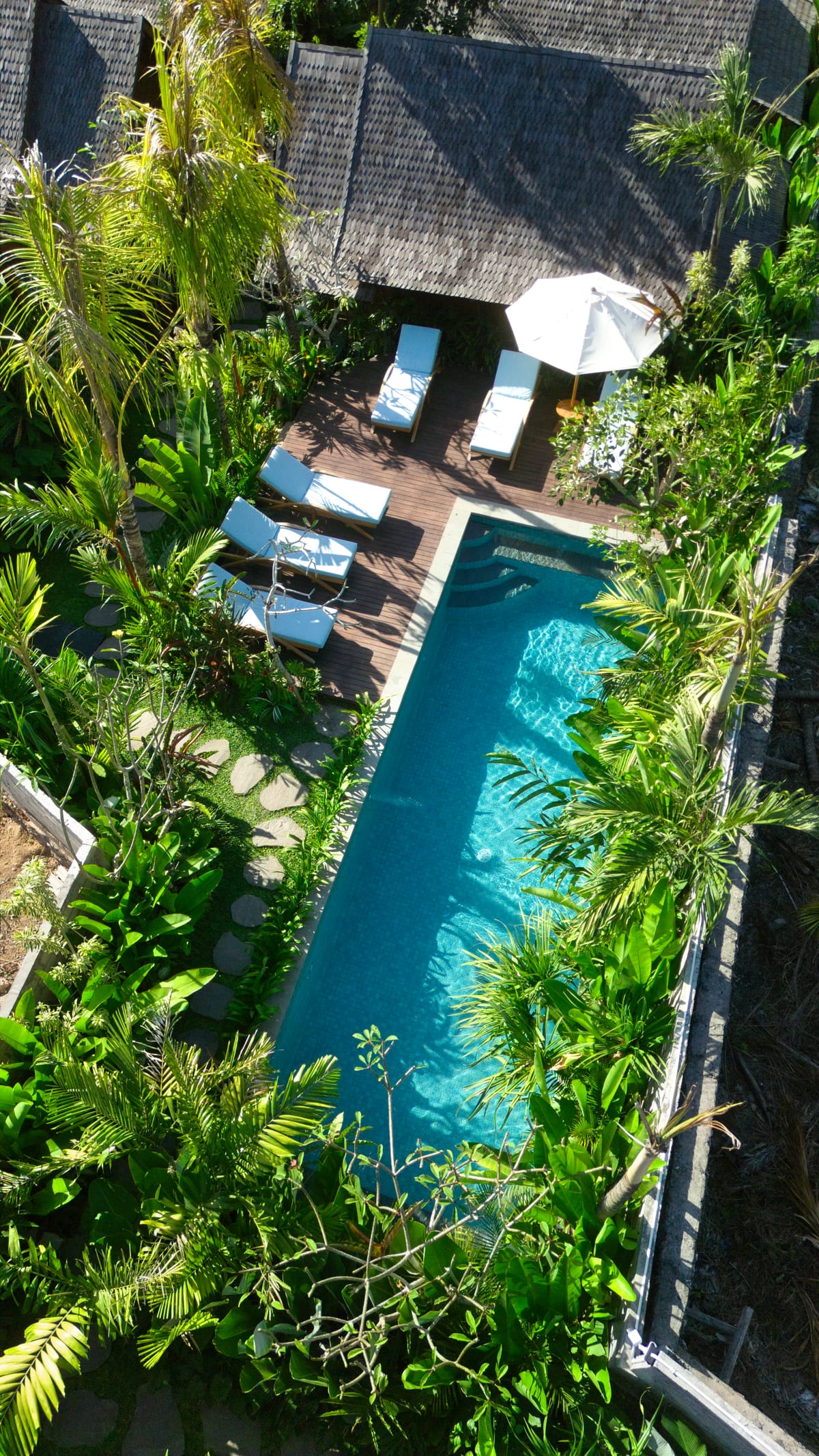 Aerial view of a garden lap pool wrapped in tropical planting at a villa in Uluwatu, Bali