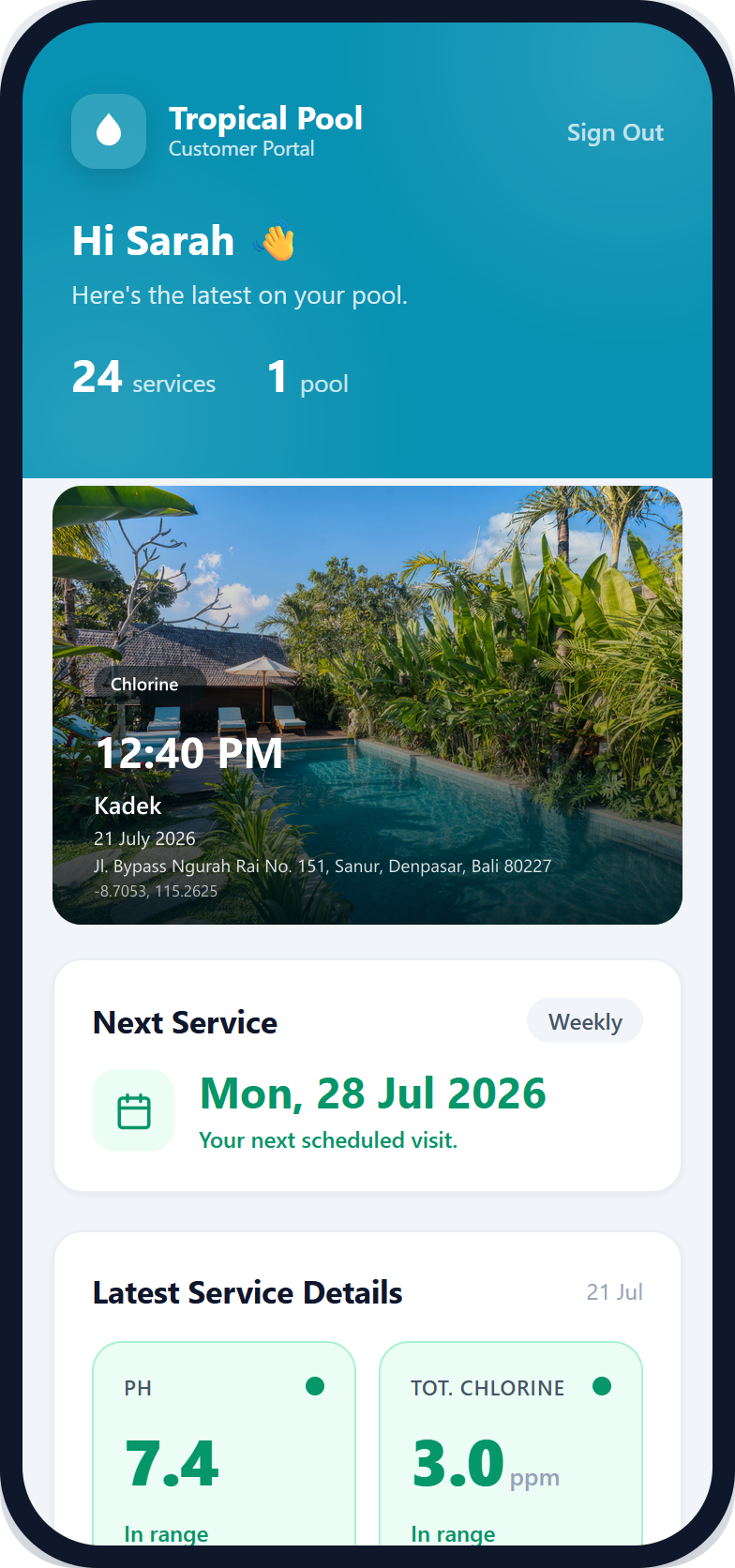 The Tropical Pool customer portal on a phone